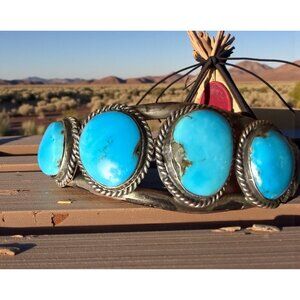Vintage Navajo Sterling & Turquoise Cuff Bracelet Handmade Native American Jewel